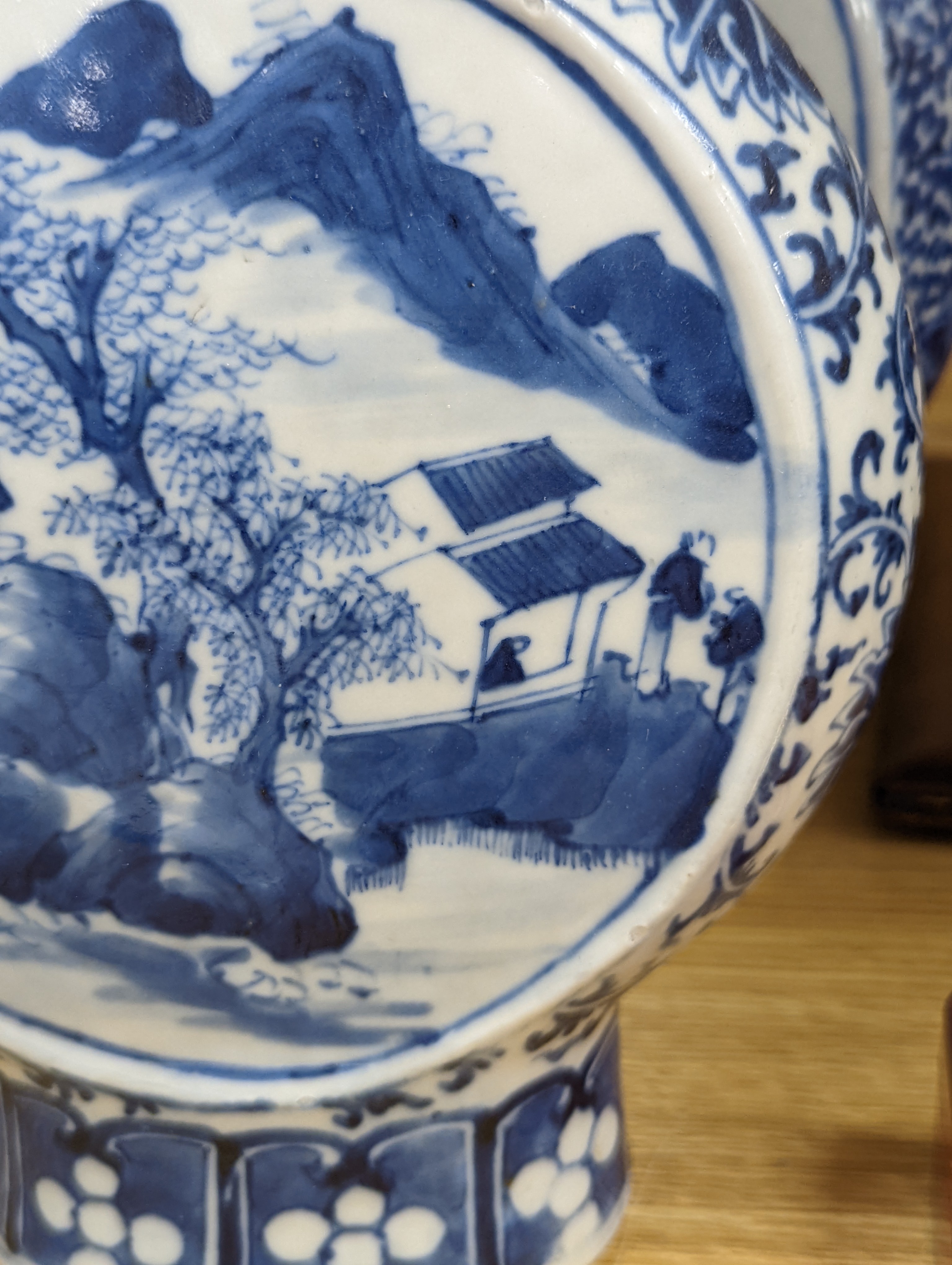 Three 19th century Chinese blue and white Moon flasks, tallest 31 cms.